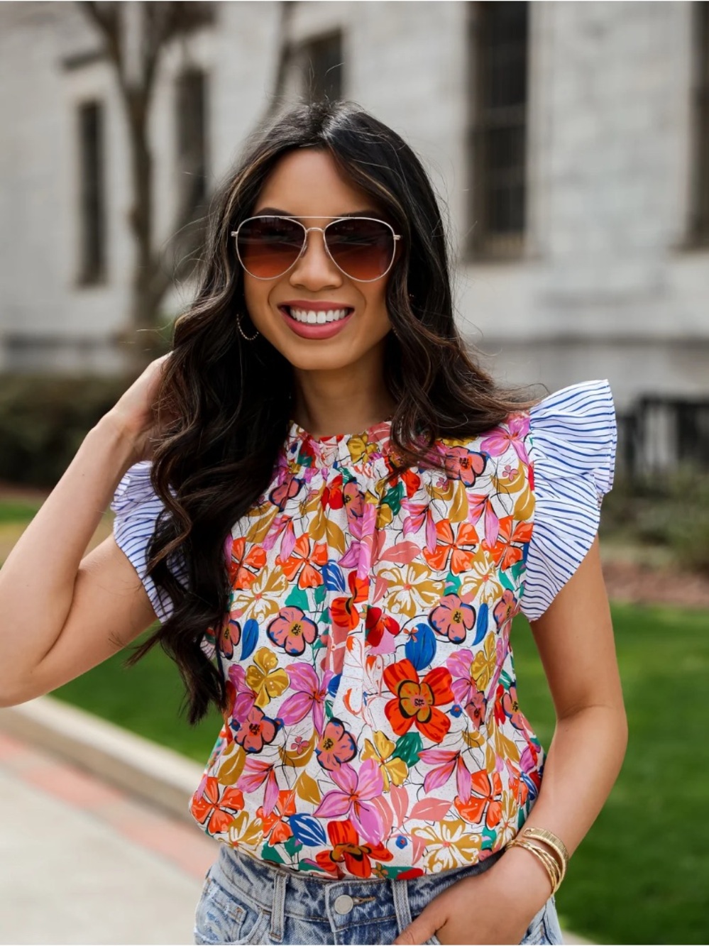 Jodifl Floral Print Flutter Sleeve Top Pink Orange Striped Contrast Blouse 1X